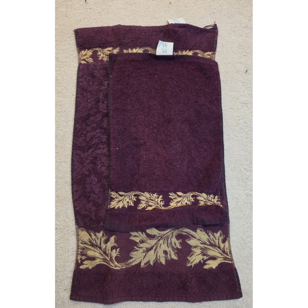 Vintage Wamsutta 2 Piece Towel Set Burgundy Gold Floral 100% Cotton USA Made